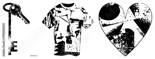Stylized key with worn texture, abstract t shirt, heart shaped frame with gritty overlay, vector art, isolated design elements.