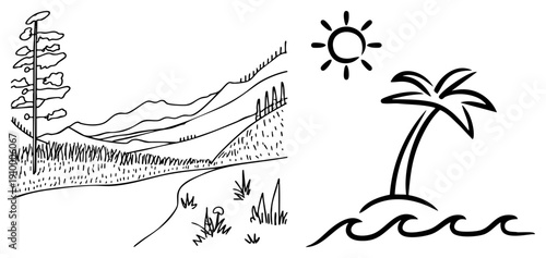 Island palm tree with sun above, mountainous terrain with fence and grassy fields, minimalist art, tropical getaway, scenic.