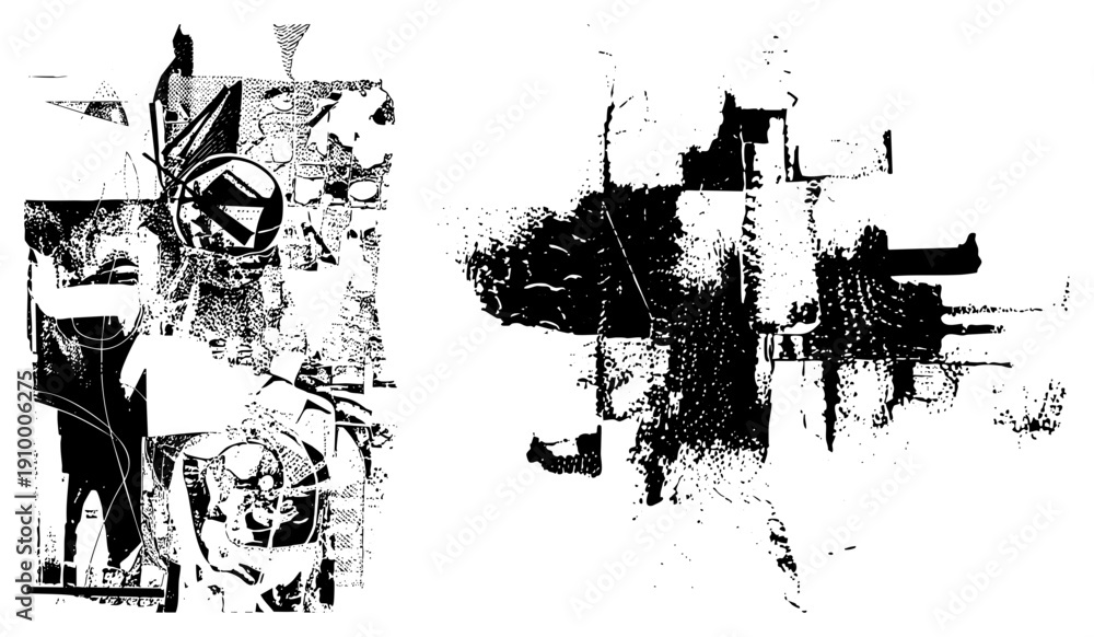 Obraz premium Black and white vector art featuring fragmented geometric forms, halftone, and abstract textures, ideal for graphic design or digital art projects.