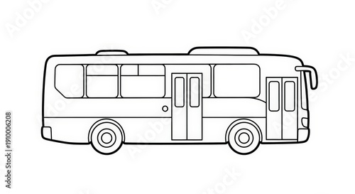 Line art illustration of a public transport bus, city bus outline drawing, passenger vehicle graphic isolated on white background.