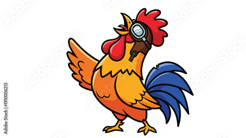 Cute cartoon rooster in aviator goggles crowing
