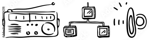 Retro broadcast devices including radio with antenna, TV with antenna, and speaker emitting sound waves, all in minimalist art, ideal for tech nostalgia or history visuals.