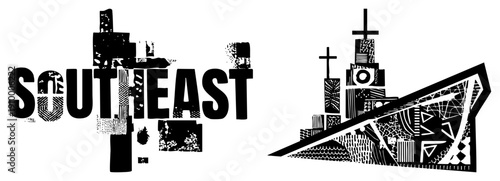 Bold “SOUTHEAST” typography fused with stylized church architecture, halftone textures, graphic art, vector illustration, urban religious.