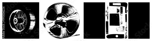 Retro film reel with spool and tape, bicycle wheel with spokes, halftone texture, isolated vector graphics, classic cinema and cycling motifs.