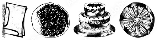 Vector illustrations of food items folded napkin, sesame seed bun, tiered cake, citrus slice, all in halftone style, isolated foreground,.