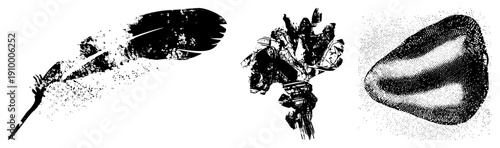 Stylized feather with splatter, chaotic brushstroke cluster, and halftone rendered organic shape all vector art with isolated foregrounds,, artistic textures.