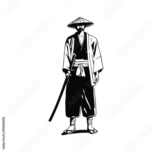 Black and white illustration of a samurai ronin wearing a straw hat, traditional kimono, katana sword, vintage hand drawn style, vector art