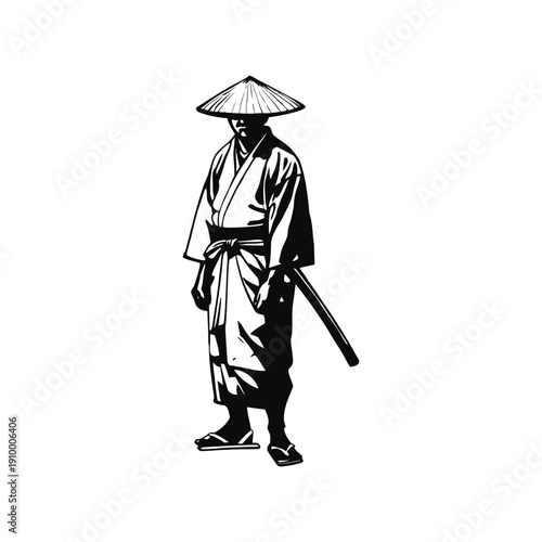 Black and white illustration of a samurai ronin wearing a straw hat, traditional kimono, katana sword, vintage hand drawn style, vector art