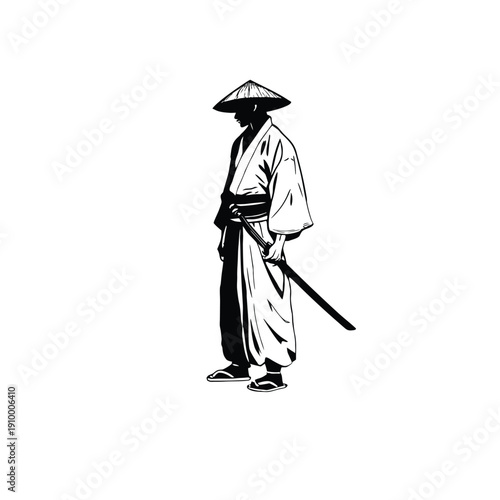 Black and white illustration of a samurai ronin wearing a straw hat, traditional kimono, katana sword, vintage hand drawn style, vector art