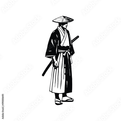 Black and white illustration of a samurai ronin wearing a straw hat, traditional kimono, katana sword, vintage hand drawn style, vector art