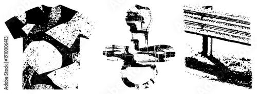 Stylized vector silhouettes with distressed texture, fragmented forms, design, artistic composition, graphic art elements.