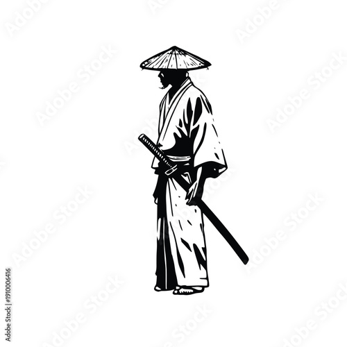 Black and white illustration of a samurai ronin wearing a straw hat, traditional kimono, katana sword, vintage hand drawn style, vector art