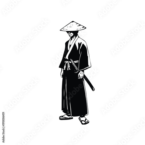 Black and white illustration of a samurai ronin wearing a straw hat, traditional kimono, katana sword, vintage hand drawn style, vector art