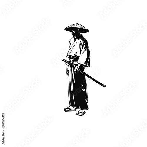 Black and white illustration of a samurai ronin wearing a straw hat, traditional kimono, katana sword, vintage hand drawn style, vector art