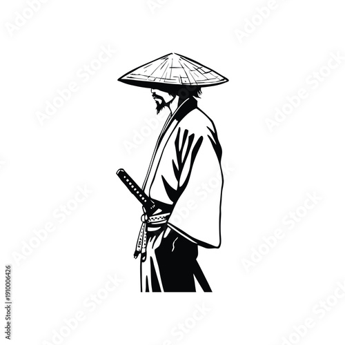 Black and white illustration of a samurai ronin wearing a straw hat, traditional kimono, katana sword, vintage hand drawn style, vector art