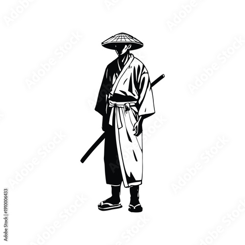 Black and white illustration of a samurai ronin wearing a straw hat, traditional kimono, katana sword, vintage hand drawn style, vector art