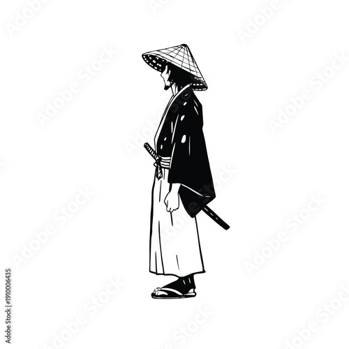 Black and white illustration of a samurai ronin wearing a straw hat, traditional kimono, katana sword, vintage hand drawn style, vector art