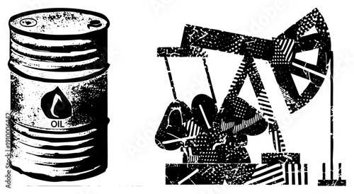 Black and white vector illustration of oil barrel labeled “OIL” and pumpjack rig, stylized with halftone textures and distressed effects, representing fuel industry assets.