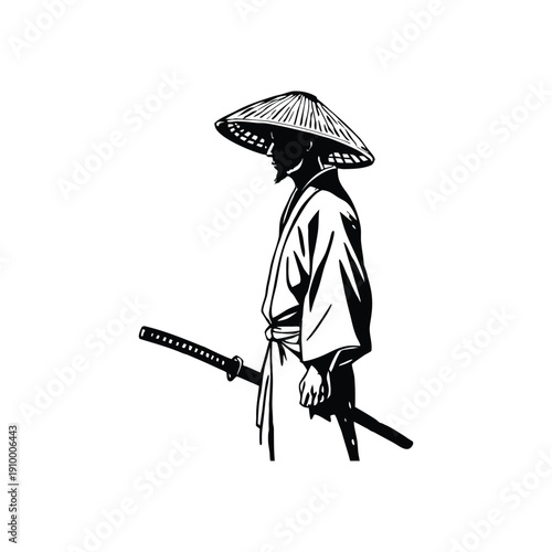 Black and white illustration of a samurai ronin wearing a straw hat, traditional kimono, katana sword, vintage hand drawn style, vector art