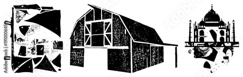 Stylized vector featuring fragmented geometric forms, barn silhouette, Taj Mahal reflection, halftone texture, graphic design elements, art.