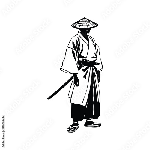 Black and white illustration of a samurai ronin wearing a straw hat, traditional kimono, katana sword, vintage hand drawn style, vector art