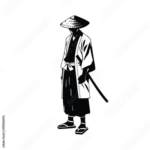 Black and white illustration of a samurai ronin wearing a straw hat, traditional kimono, katana sword, vintage hand drawn style, vector art