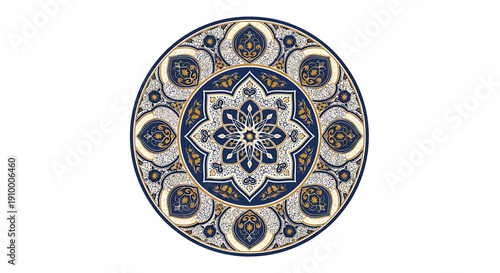 Islamic mandala design with intricate floral patterns and geometric motifs in blue and gold