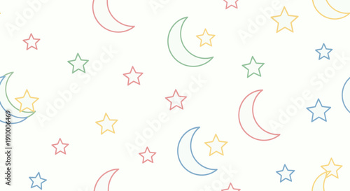 Delicate pastel outline moons and stars creating a charming and dreamy seamless pattern background