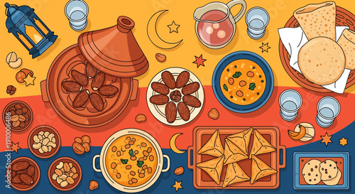 Ramadan Iftar Spread Featuring Traditional Moroccan Tajine and Sweet Delicacies