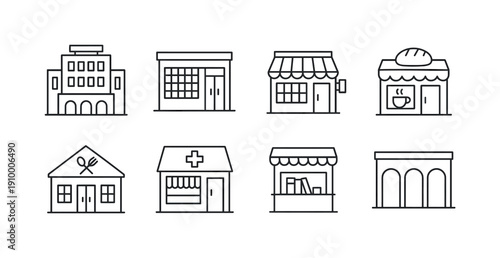 Retail and services outline icon set. Shops, stores, business essential icons collection.