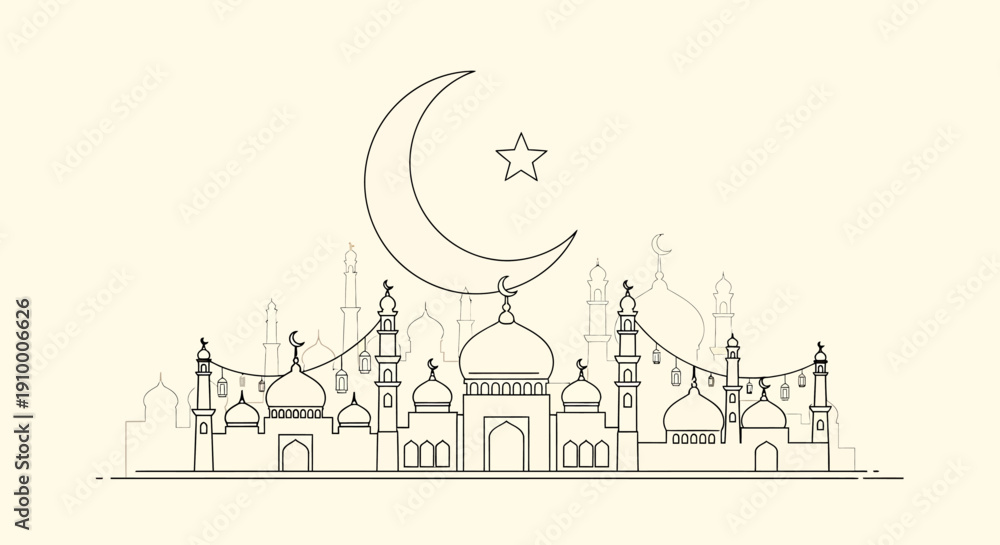 Fototapeta premium Ramadan Kareem Mosque Eid Mubarak Crescent Moon Islamic Celebration Art 36ai