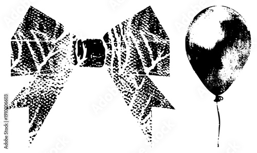 Retro style halftone bow and balloon, party decor elements, celebratory symbols, graphic, festive illustration.