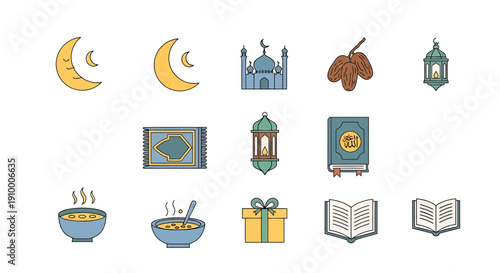 Festive collection of Ramadan and Eid Mubarak cultural symbols and traditional vector icons