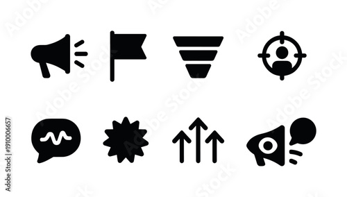 Marketing and advertising solid icon set. Promotion, branding icons solid collection