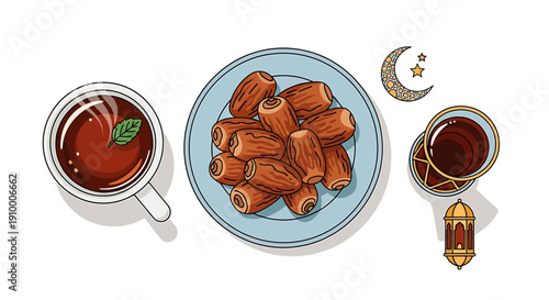 Overhead vector artwork depicting traditional Iftar meal components, including dates, warm tea, and refreshing drink, for breaking fast