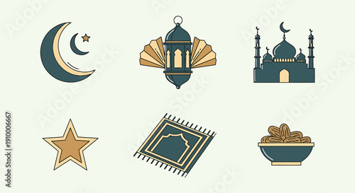 Islamic Ramadan icons moon, star, mosque, lantern, prayer rug, and dates bowl