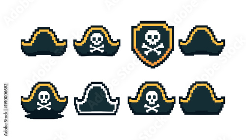 Pirate hat pixel icon set. Nautical, adventure hat icons pixel collection