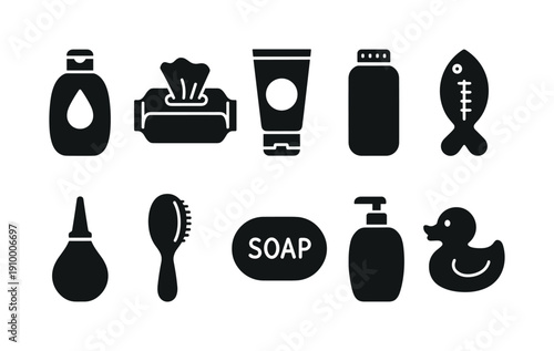 Bathroom essentials solid icon set. Soap, towel, hygiene in solid style.