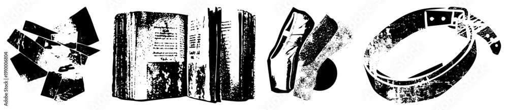 Fototapeta premium Stylized black and white vector open book, high heeled shoe, belt, torn paper fragments. Retro halftone texture, isolated graphic elements.