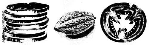 Halftone vector stacked pancakes, cacao pod, tomato slice breakfast food, culinary elements.