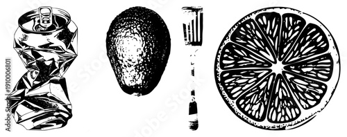 Black and white vector illustration of crushed aluminum can, textured avocado, utensil, and citrus section, stylized with high contrast and halftone shading.
