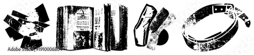 Stylized black and white vector open book, high heeled shoe, belt, torn paper fragments. Retro halftone texture, isolated graphic elements.