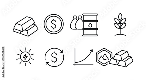Finance and economy outline icon set. Banking, investment, currency, trade line icons.