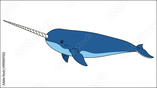 Adorable cartoon narwhal with long spiral tusk, isolated vector illustration on white background