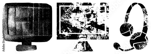 Retro computer monitor with halftone texture, vintage display screen, headset with boom mic, digital tech, pixelated aesthetic, vector graphic elements.