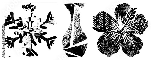 Stylized snowflake, vase, and hibiscus rendered in halftone, vector graphic, black and white, geometric shapes, artistic print, isolated design elements.