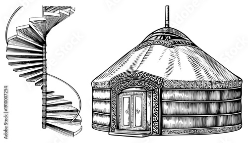 Hand drawn spiral staircase with curved railing and yurt with intricate doorframe, architectural vector illustration, traditional nomadic dwelling, modern staircase design.