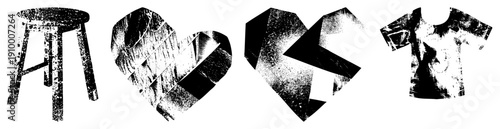 Distressed black and white vector stool, heart, arrow, t shirt. Grunge texture, halftone effect, isolated graphic elements for design use.