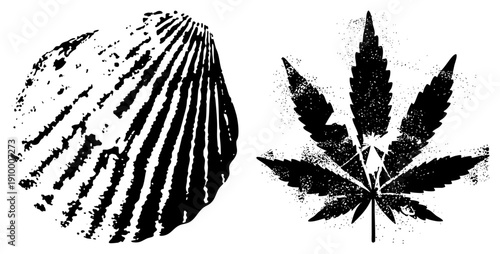 Distressed black vector scallop with radial ridges and leaf with serrated edges, both rendered in gritty halftone texture. Ideal for tattoo, apparel, or psychedelic design.