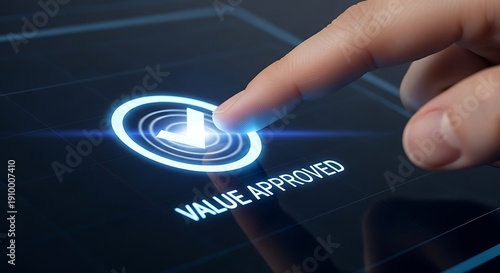 Finger pressing a button on a digital screen with the text value applied